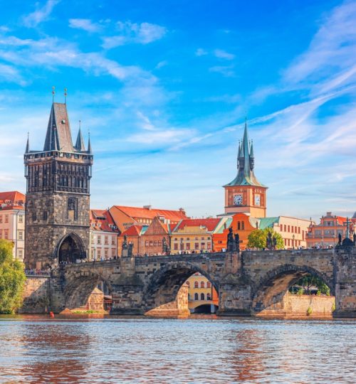 Prague,-,Charles,Bridge,,Czech,Republic.,Scenic,Aerial,Sunset,On